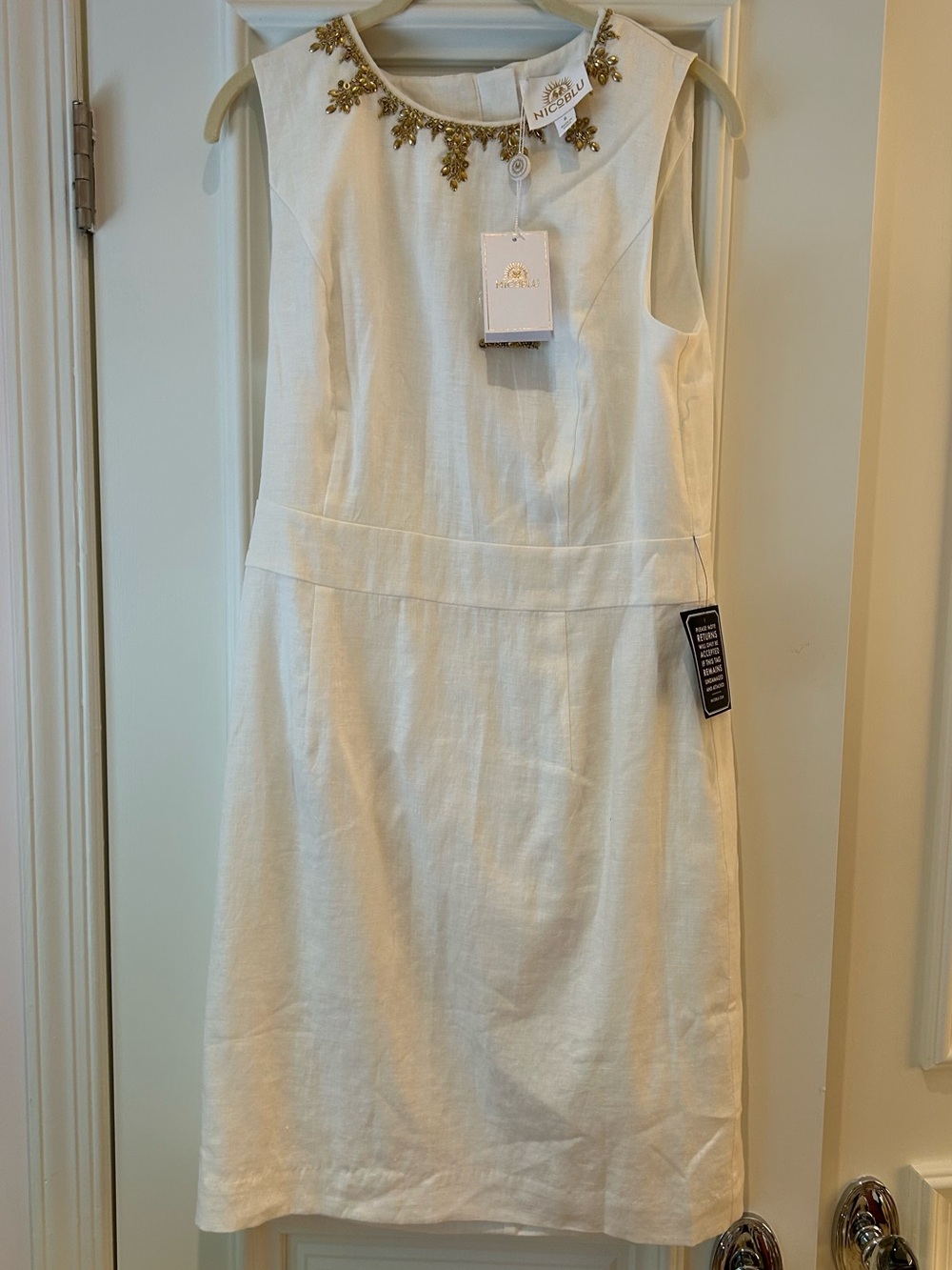 NicoBlu White Linen Gold Embellished Neck Sleeveless Dress